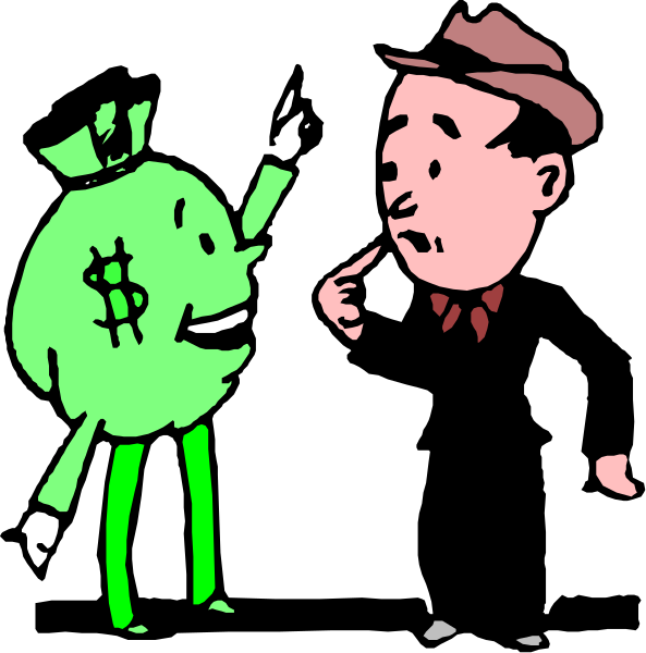 The cartoon shows a man holding money with an exaggeratedly large smile next to another character who is looking at him skeptically while also smiling slightly less broadly than usual; both characters appear surprised by something off-frame, and there's no text present in this image.