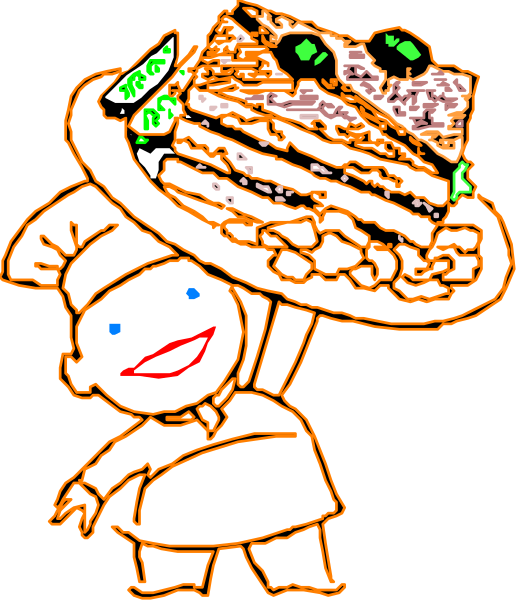 The image shows a cartoon chef holding two slices of cake on plates with various toppings such as whipped cream and cherries; one slice has an additional decoration resembling eyes and mouth, giving it a playful appearance like a face.
