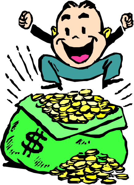 The cartoon shows a child's face with an excited expression above two open bags filled to overflowing with money coins; below them is another bag labeled "CASH" containing more gold-colored coins.