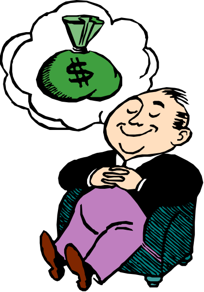 The illustration depicts a man sitting on a couch with his arms crossed over himself while holding an envelope of money above him. Above this scene is another image showing a thought bubble containing various financial symbols such as coins, banknotes and dollar signs along with phrases like "money" and "$".