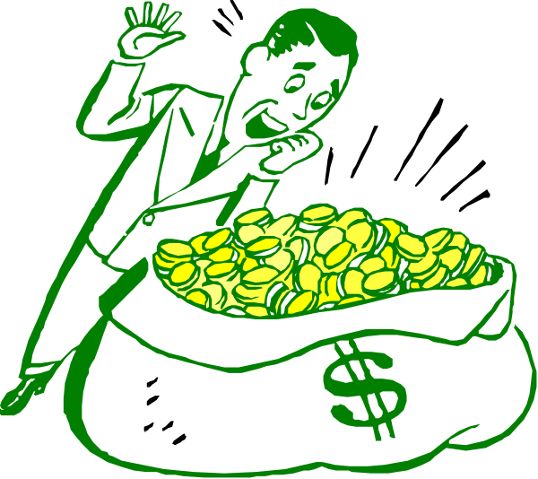The cartoon shows a man dressed as an accountant with his mouth open wide over a large pile of gold coins that he is holding in one hand while standing on top of another smaller pile of money; there's also a dollar sign floating above him, and to his right stands the silhouette of a woman pointing at something.