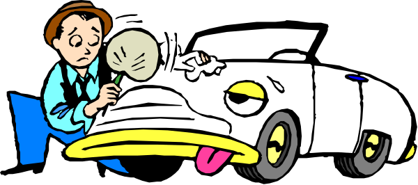 The cartoon shows a man standing next to an old car with his hands on it while looking at something off-camera; he is wearing overalls and has short hair.