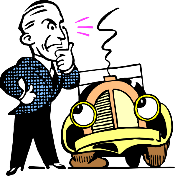 The image shows a black and white comic strip with two panels featuring an animated car character that appears to be anthropomorphic in nature; it has eyes and is depicted as having human-like emotions such as sadness, anger, and surprise. In one panel, labeled "Sad," the car looks downcast while holding what seems like a small object or toy. The other panel shows an angry expression on its face with steam coming out of its hood; in this frame, it is also depicted to be kicking something off-screen.