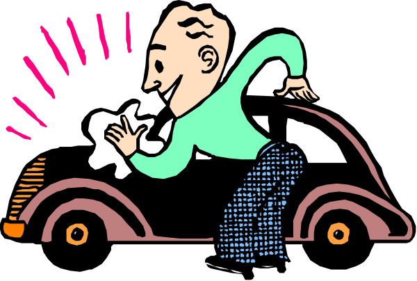 The cartoon shows a man driving an old car with his eyes closed while holding onto something inside of it; he is smiling broadly as if enjoying himself despite being blindfolded to drive safely.