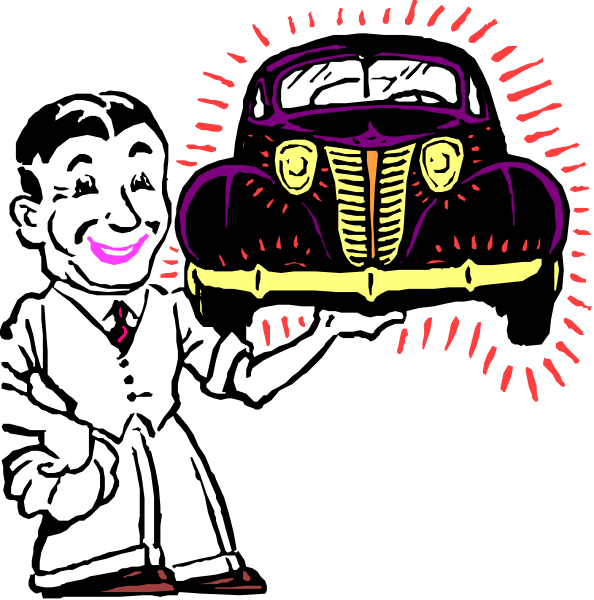 The image shows a cartoon of an old car with its hood up against a dark background; there is no text present in this clip-art illustration.