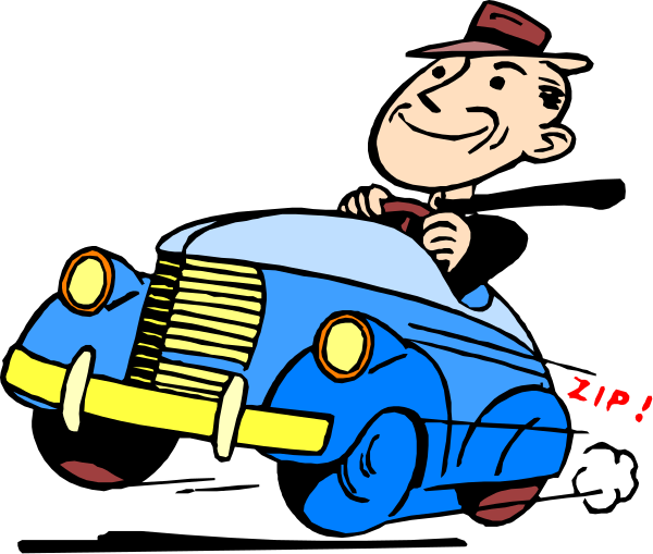 The cartoon shows a man driving an old car with his foot on the gas pedal while holding onto the steering wheel; he is wearing sunglasses and has mustache-like facial hair.