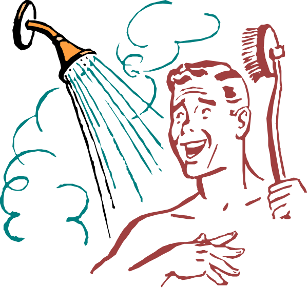 The image shows a cartoon of an individual with exaggerated facial features holding two toothbrushes while standing under what appears to be steam from hot water coming out of their head; there is also smoke rising above them, and in front of this figure stands another person who seems surprised or shocked by the situation.