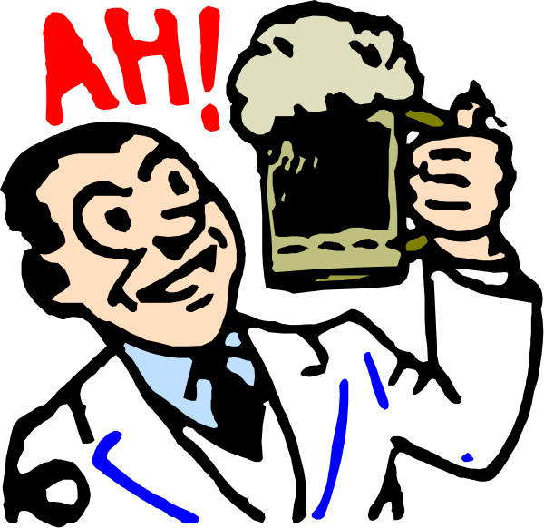 The cartoon shows a man holding up his mug of beer with an exaggerated expression on his face as if he's surprised by something happening off-frame to him; there is text above that says "ahh!"