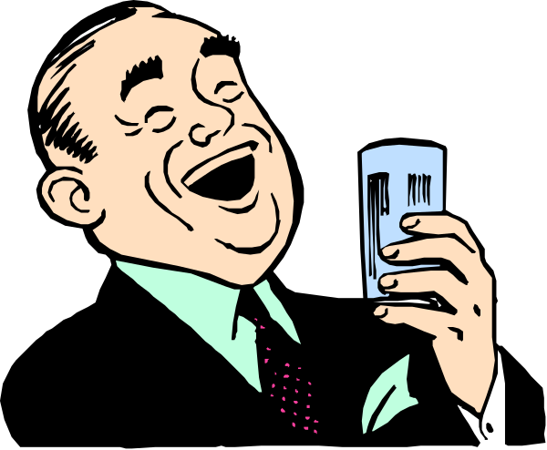 The cartoon shows a man with glasses holding up his hand to laugh while looking at something off camera; he is wearing a suit jacket over an unseen shirt.
