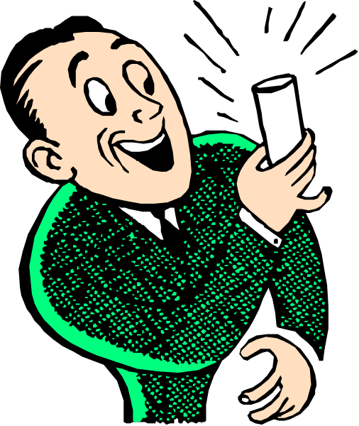 The black and white cartoon features a man wearing glasses holding up his finger as if to emphasize something he is saying while standing in front of an envelope with text on it that reads "Congratulations."