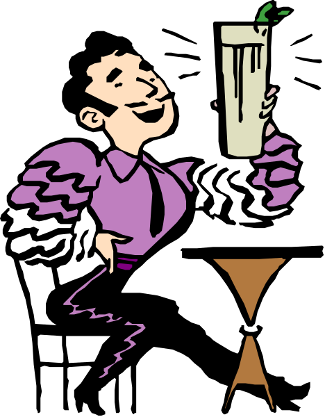 The image shows a cartoon of an animated man sitting at a bar with his arm on it while holding up what appears to be a glass filled with liquid; he is smiling broadly as if enjoying himself in this social setting, which also includes another person seated across from him and various items like cups and bottles typically found in such establishments.