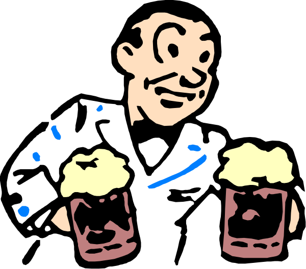 The black and white cartoon shows a man holding two mugs of beer with ice cream on top; he is standing in front of another person who appears to be serving drinks from behind a bar counter.
