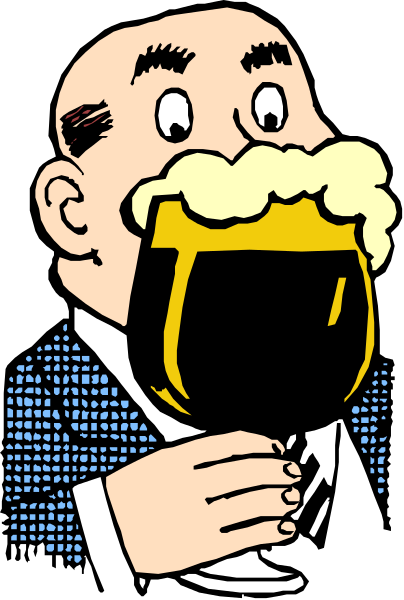 The cartoon depicts a man holding up his glass of beer to take a sip while standing at a bar counter with other patrons in the background.