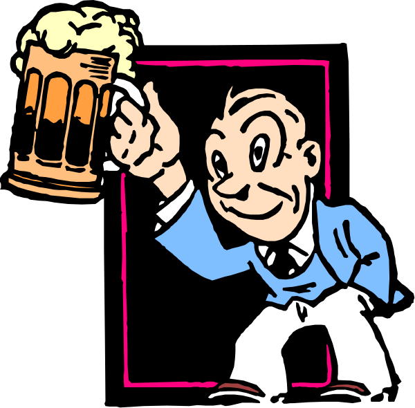The image shows a cartoon of an animated man holding two beer mugs while standing next to each other; he is smiling at one of them with his thumb up in approval.