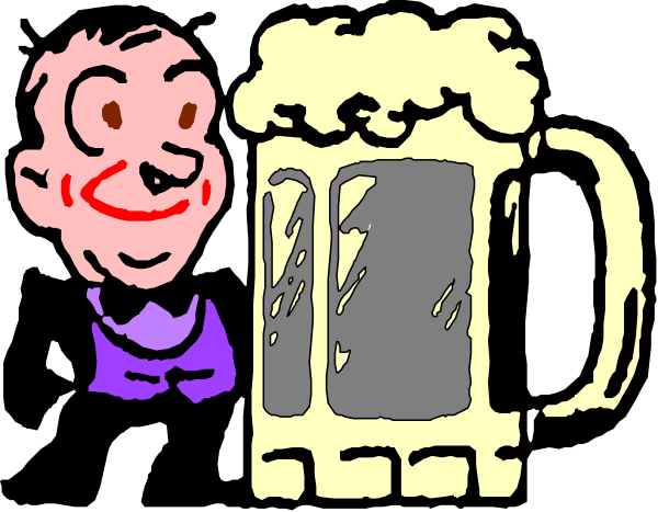 The image shows a cartoon of two characters: on the left side there is an animated character with exaggerated facial features holding up what appears to be beer mugs; on the right side stands another figure who seems surprised, also depicted in animation and wearing glasses. Both figures appear to have human-like bodies but are stylized for artistic effect rather than realism. The background of this image is plain black without any distinguishable details or setting that would provide context about their location beyond being indoors with a dark backdrop.