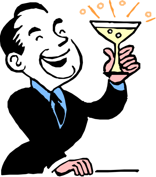 The image shows a man holding up his finger with an exclamation mark on it while drinking from what appears to be a martini glass filled with olive green liquid that could represent cocktail mixer; he is wearing a dark suit and tie, suggesting formal attire or professional setting.