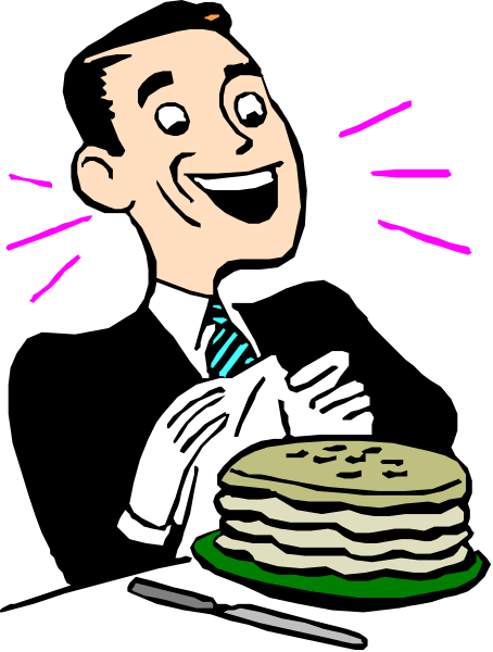 The cartoon shows a man holding up an oversized pancake with his hands while standing next to it on what appears to be a plate; he is smiling broadly at something off-frame that has caused him surprise, and there's purple sparkle effect around his head indicating excitement or amazement.