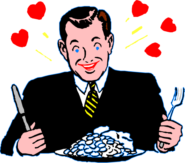 The image shows a cartoon of an older man with white hair wearing glasses sitting at a table filled with food items such as eggs, bacon, sausage links, potatoes, toast, butter, jam, coffee mug and spoon in front of him. He is holding up his hand to show the heart emoji on it while looking surprised or shocked.