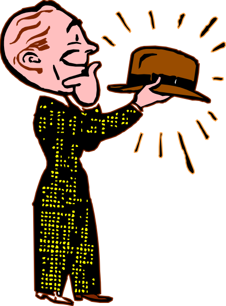 The illustration shows a man wearing a suit with a tie holding up his hat to tip it as if he's greeting someone off-camera.