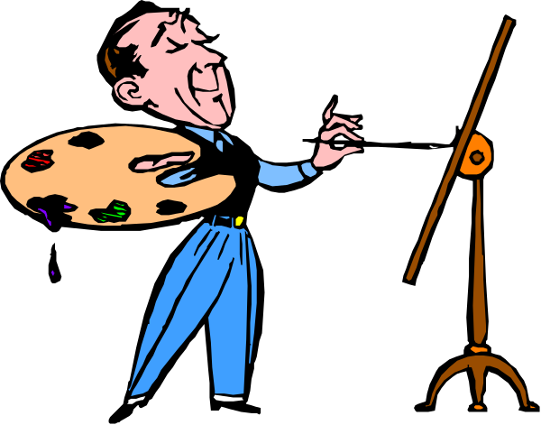 The black and white cartoon shows a man holding paintbrushes with his left hand while pointing to them with his right; he is standing next to an easel that has several brushes on it.