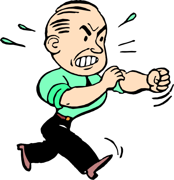The image shows a cartoon of an older man with gray hair running forward while making a fist gesture with his right hand. He is wearing dark pants and has facial stubble.