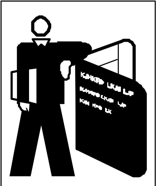 The black and white icon shows a person standing next to an information sign with their arms crossed over it; there is no text on either object in this image.