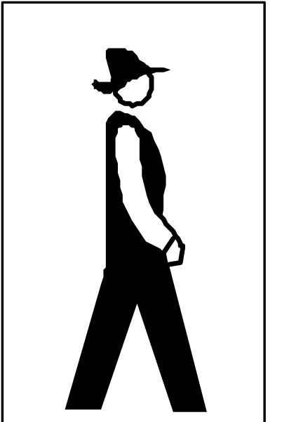 The image shows a black silhouette of an adult male figure walking on what appears to be a sidewalk with his hands in pockets; he is wearing shorts and no shirt, suggesting it might represent summer attire for outdoor activities like gardening or construction work.