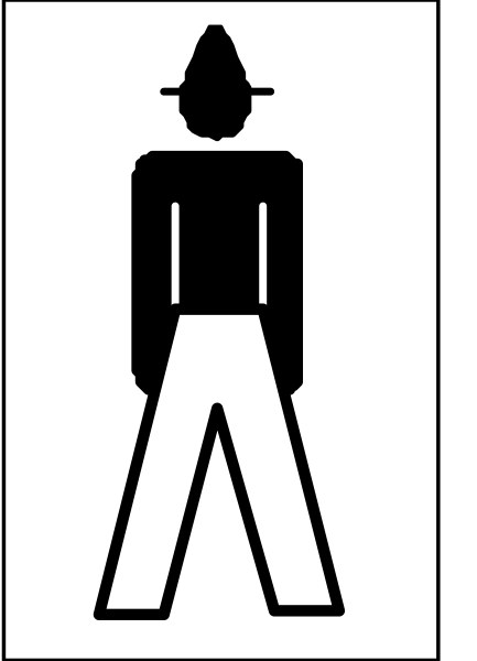 The image shows a black silhouette of an adult male figure standing next to a sign with two white lines forming what appears to be legs in motion on either side.