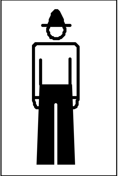 The image shows a black and white icon of an adult male figure standing next to another smaller humanoid shape that appears to be wearing overalls with rolled-up sleeves; both figures have no facial features visible, suggesting this is likely part of signage for restroom facilities or similar instructions related to clothing.