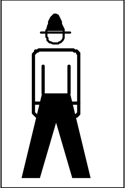 The image shows a black silhouette of an adult male figure standing next to a sign with white text that reads "MEN".