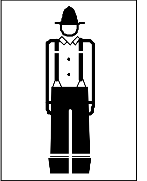 The image shows a black and white icon of an adult male figure wearing pants with suspenders, standing upright against a plain background.