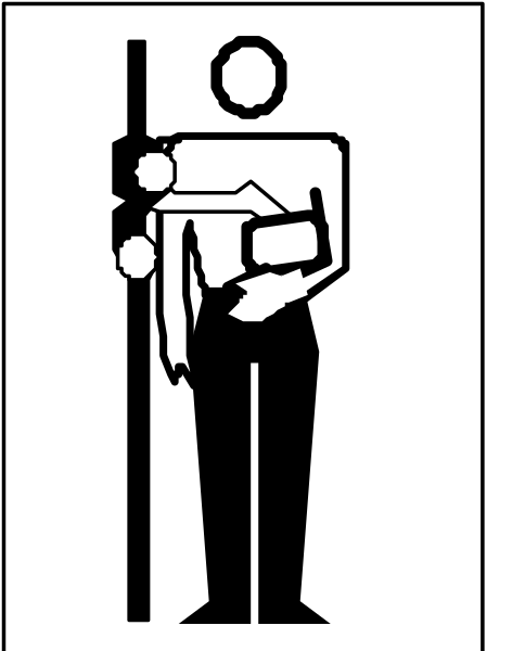 The image shows a black and white icon of an adult male figure standing upright with his arms at sides holding what appears to be two items: one in each hand—a book on left side and another item that could possibly be a bottle, bag, or container on right side; he is wearing dark pants.