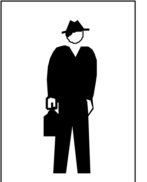 The black silhouette of a man holding briefcase standing next to building with sign that says "10".