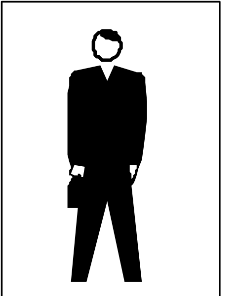 The image shows a black silhouette of an adult male figure standing next to what appears to be a sign with white text on it; there is no visible background detailing any specific location within this cropped section, and only one object can confidently be identified: "the man".