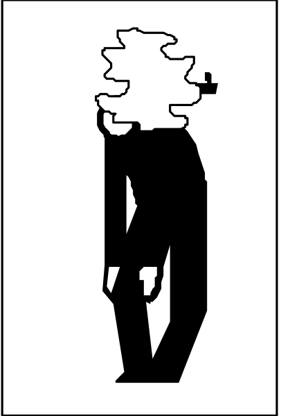 The black and white silhouette of a person standing with their arms crossed against an abstract background.