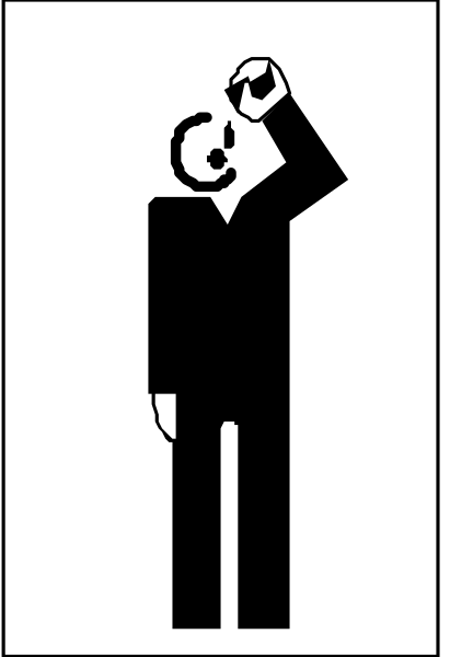 The black and white silhouette of a man drinking from his hand while standing next to another figure who appears to be looking up at him with an expression that could suggest surprise or admiration.