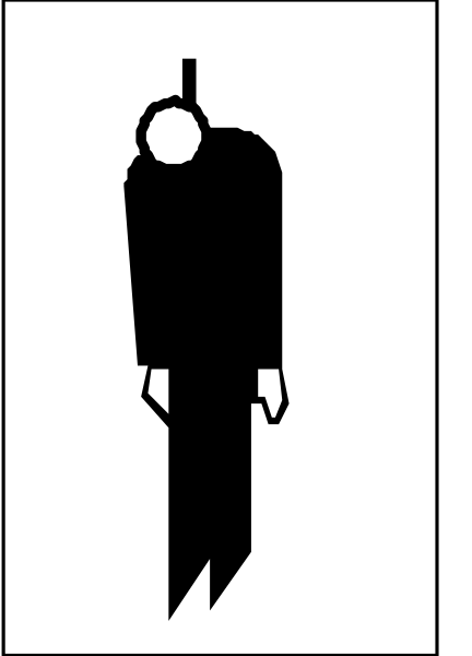 The black silhouette of a person holding an object that resembles a gun with two barrels on top against a white background in the lower right corner.