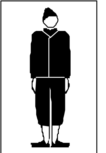 The image shows a black silhouette of an adult male figure standing against a white background with his arms at sides; he is wearing shorts that extend to mid-calf length on either side of him.