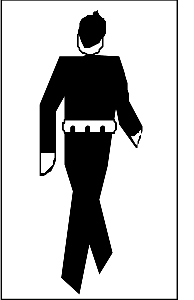 The black and white silhouette of a person walking with their arms outstretched against an abstract background that resembles a checkered pattern in shades of gray and brown.