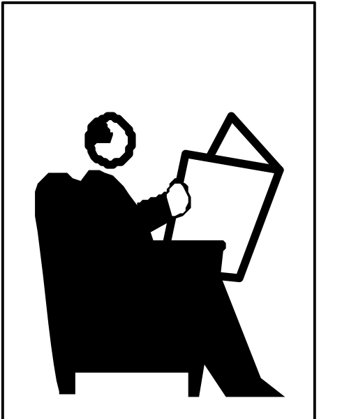 The black and white icon depicts a person sitting on an armchair with their legs crossed atop it while holding what appears to be papers in one hand and reading from them using glasses placed over his eyes; he is looking downward, engrossed in whatever content he's reviewing or writing.