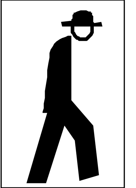The image shows a black silhouette of an adult male figure walking on what appears to be a sidewalk with his head turned towards something off-frame; he is wearing long pants that reach just above midcalf, and there's no visible text in this small clip art picture.