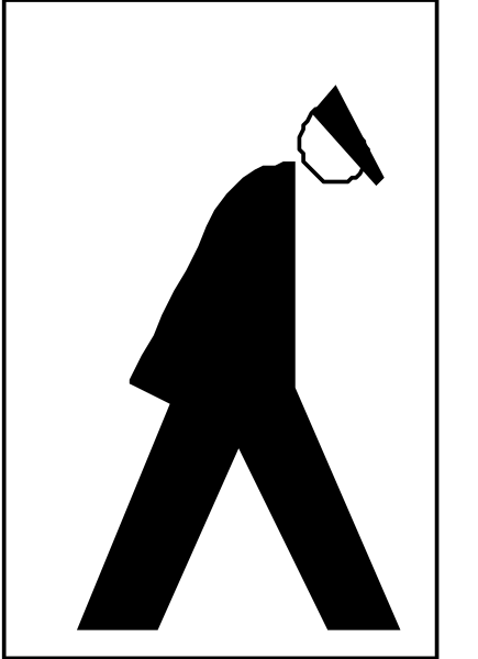 The black and white silhouette of a person walking on a sidewalk with their head down to avoid eye contact.