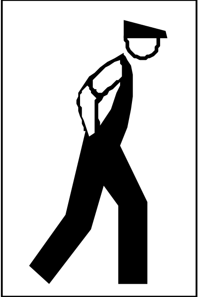 The black and white silhouette of a person walking with their hands behind them on what appears to be an escalator.