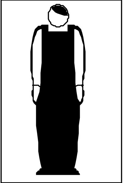 The black and white silhouette of a person standing next to an apron on what appears to be a signboard with measurements for clothing sizes.