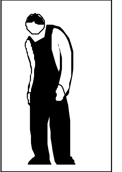 The black and white silhouette of a person standing with their hands on hips against an abstract background that resembles paper texture.