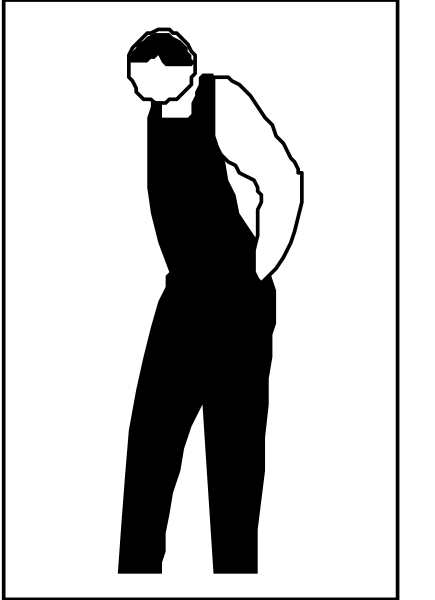 The image shows a black silhouette of an adult male figure standing with his back to us against what appears to be a white background; he is wearing dark pants that end at mid-calf length and has one arm bent behind him, while holding onto something or someone not visible in the frame.
