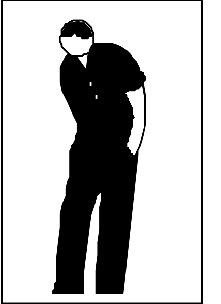 The black and white silhouette of a golfer on a golf course with clubs behind him.