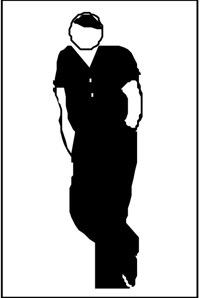 The black and white silhouette of a person standing with their hands on hips against an abstract background.