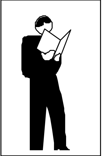 The black and white silhouette of a person reading with their back to us against an abstract background.