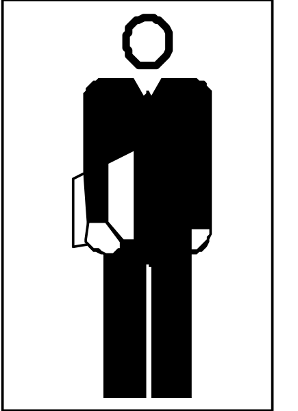 The image shows a black silhouette of an adult male figure holding what appears to be papers on his left side while standing in front of a sign that has two white arrows pointing upwards with text above them, indicating directions for restrooms; there is no visible background or setting beyond the iconography.